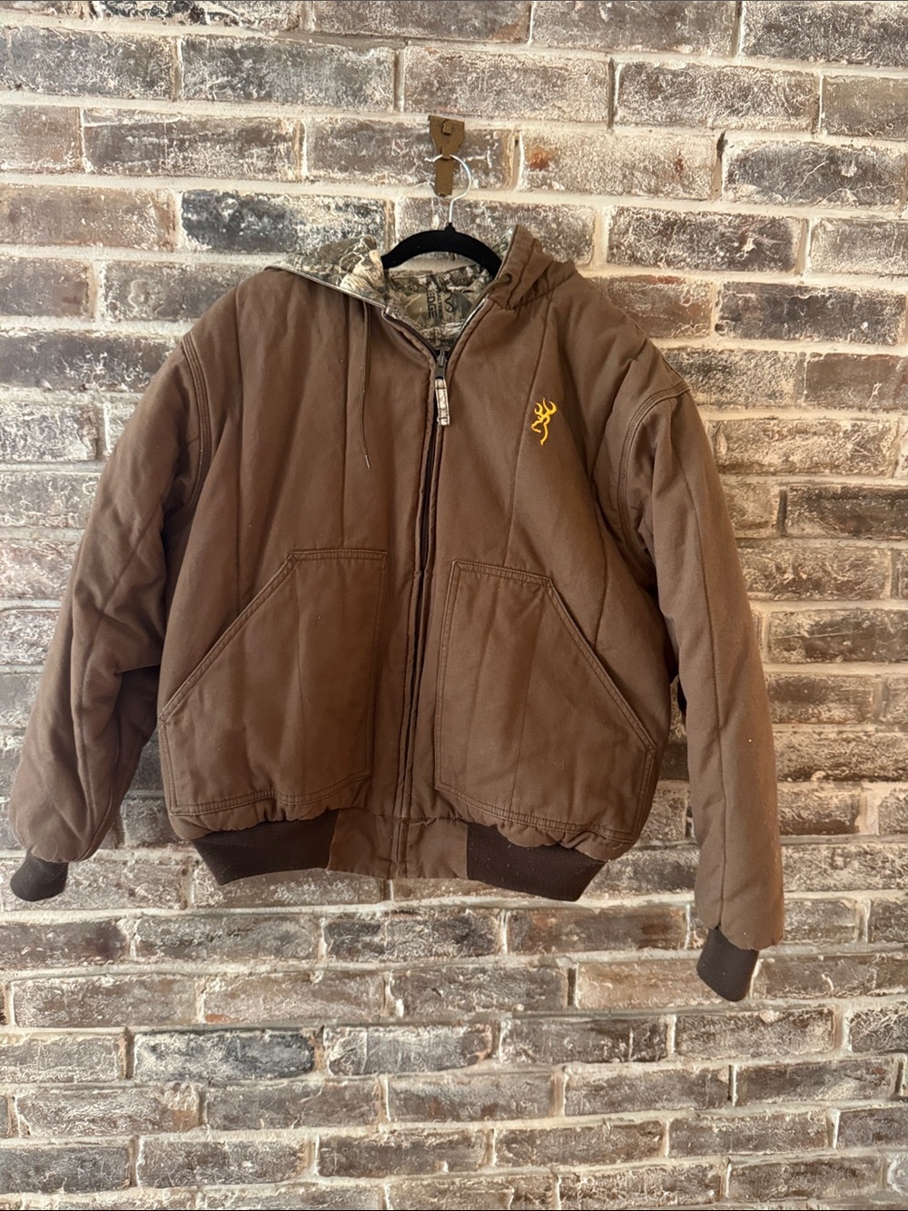 Browning Brown Hooded Puffer Jacket with Yellow Logo -men’s large 27” pit to pit